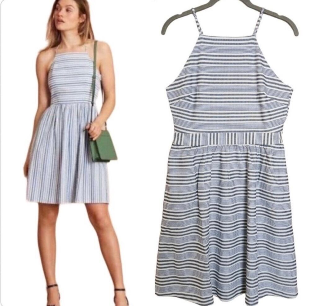 Banana Republic Boucle Blue/White Striped Halter Fit & Flare Dress  Size 0 NWOT